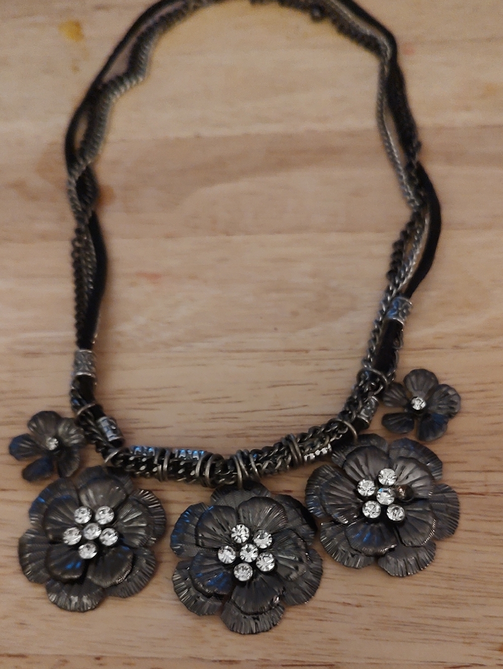 Statement Gunmetal Floral Necklace with Crystal Accents
